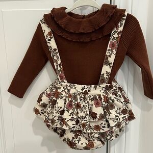 Brown Ruffled Baby Outfit with Floral Suspender Skirt